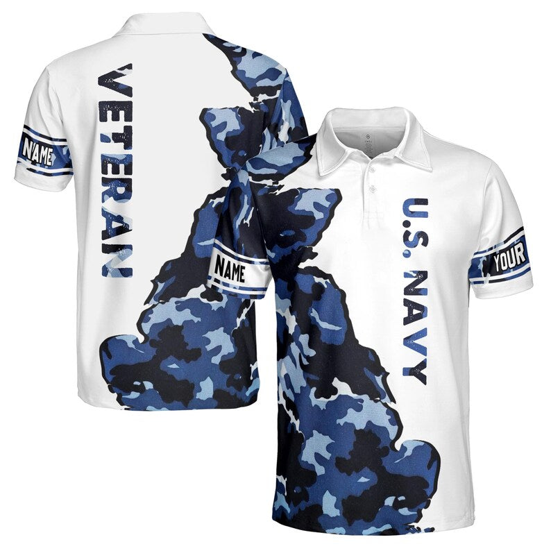 Customize Name Camo Pattern Navy Veteran Blue White Men's Polo Shirt