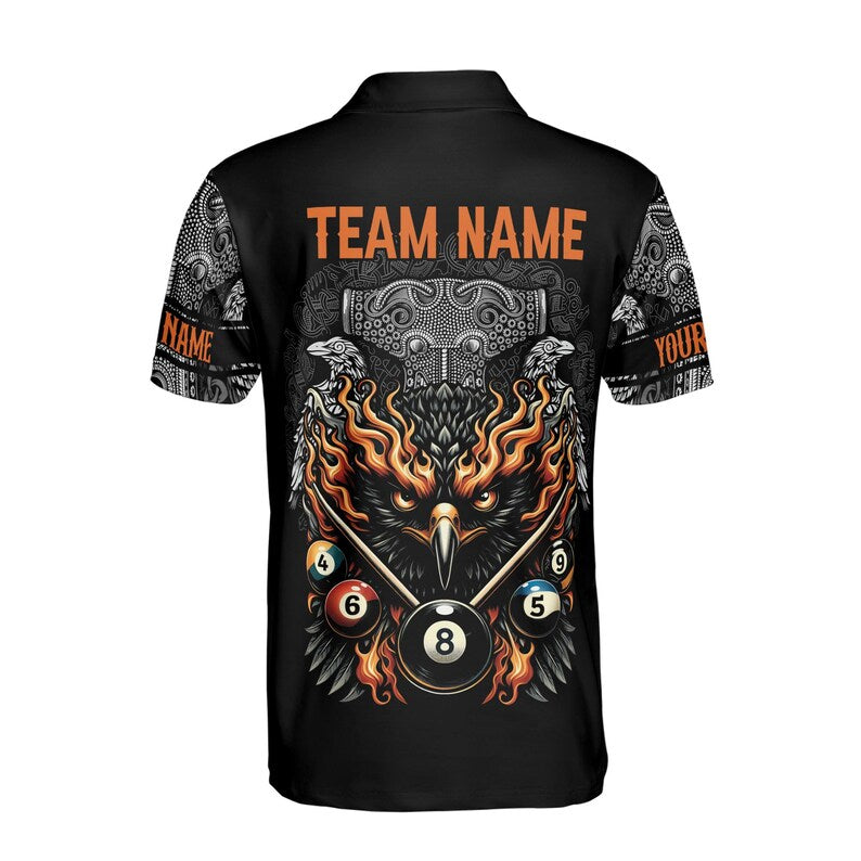 Customize Name Billiard Balls Flaming Eagle Tribal Pattern Black 3D Men's Polo Shirt