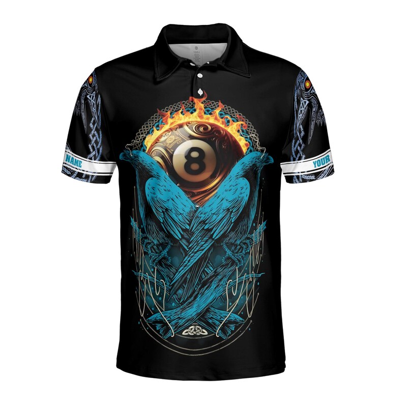 Customize Name Billiard Balls Ravens Fire Black Blue 3D Men's Polo Shirt