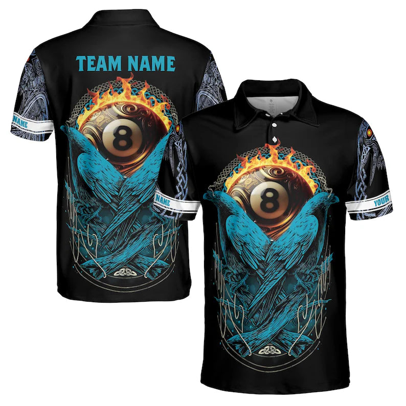 Customize Name Billiard Balls Ravens Fire Black Blue 3D Men's Polo Shirt
