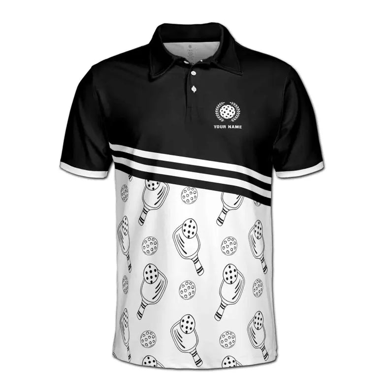 Customize Name Pickleball Paddle Olive Wreath Pattern Black White 3D Men's Polo Shirt