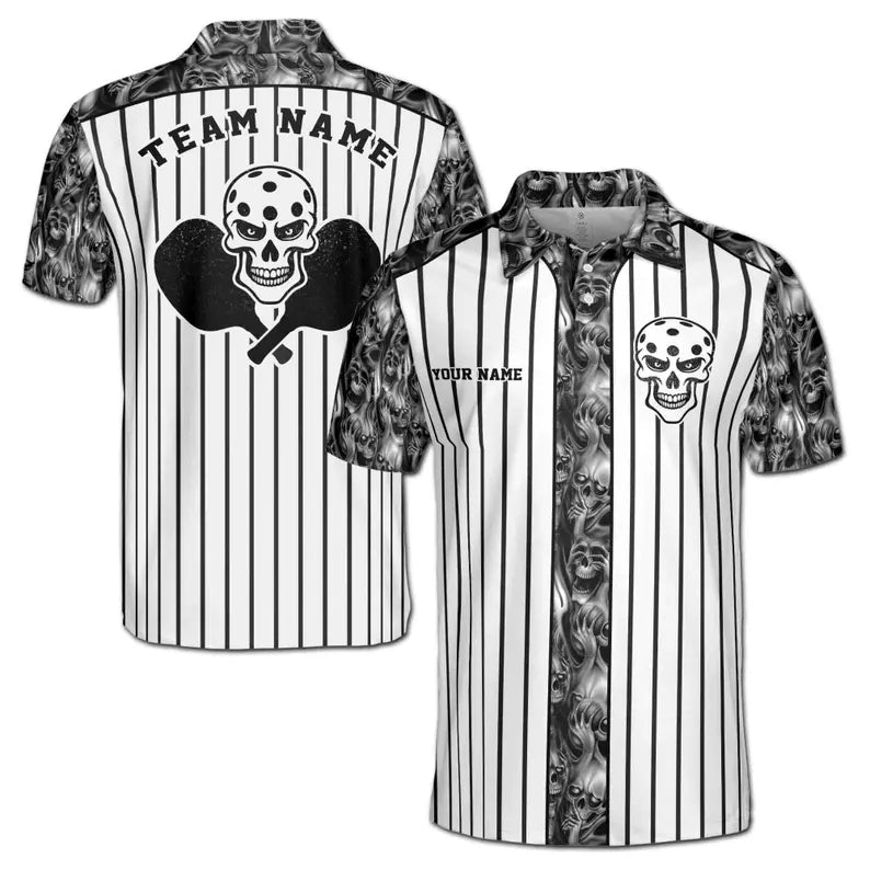 Customize Name Pickleball Paddle Grim Reaper Pattern Black White 3D Men's Polo Shirt