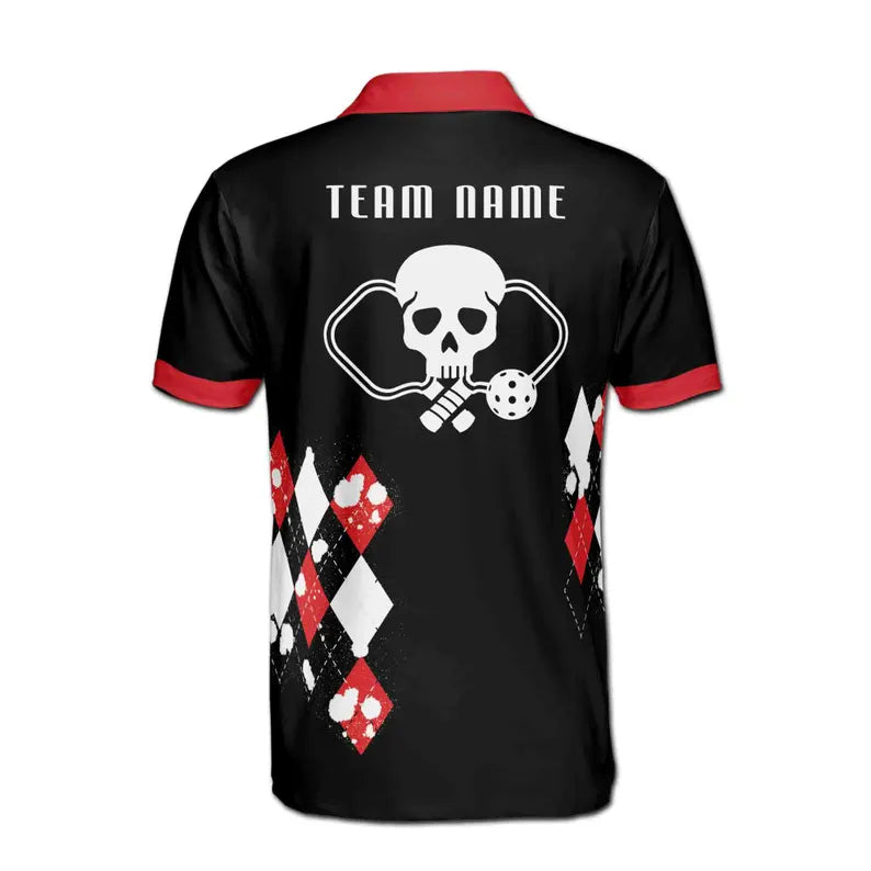 Customize Name Pickleball Paddle Skull Splatter Black White Red 3D Men's Polo Shirt