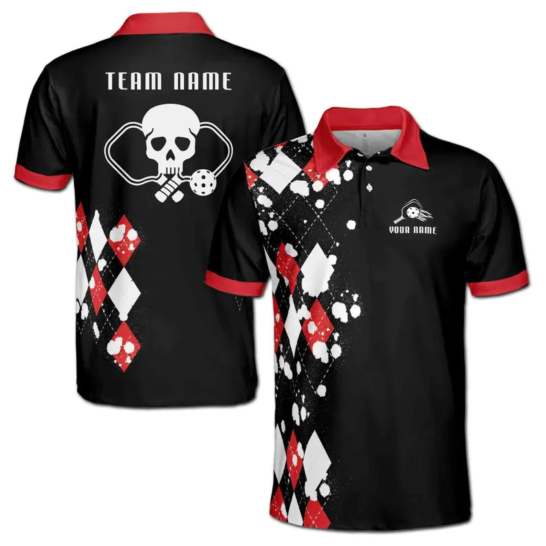 Customize Name Pickleball Paddle Skull Splatter Black White Red 3D Men's Polo Shirt
