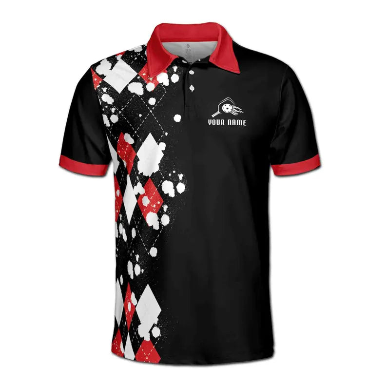 Customize Name Pickleball Paddle Skull Splatter Black White Red 3D Men's Polo Shirt