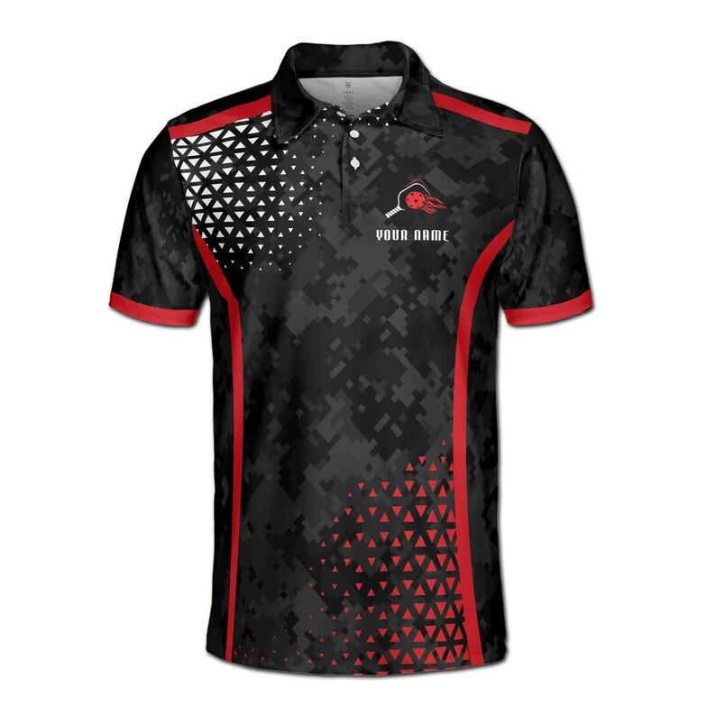 Customize Name Pickleball Paddle Geometric Pattern Black Red 3D Men's Polo Shirt