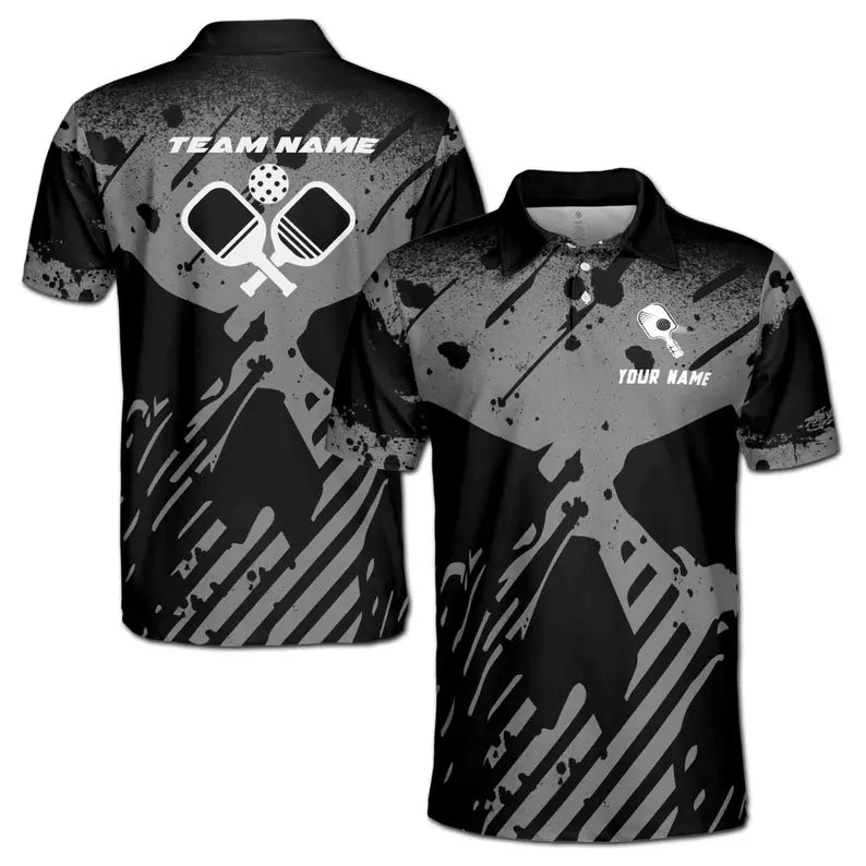 Customize Name Pickleball Paddle Skull Grunge Black 3D Men's Polo Shirt