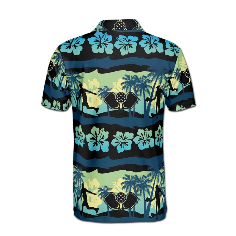 Pickleball Paddle Players Tropical Pattern Black Blue 3D Men's Polo Shirt