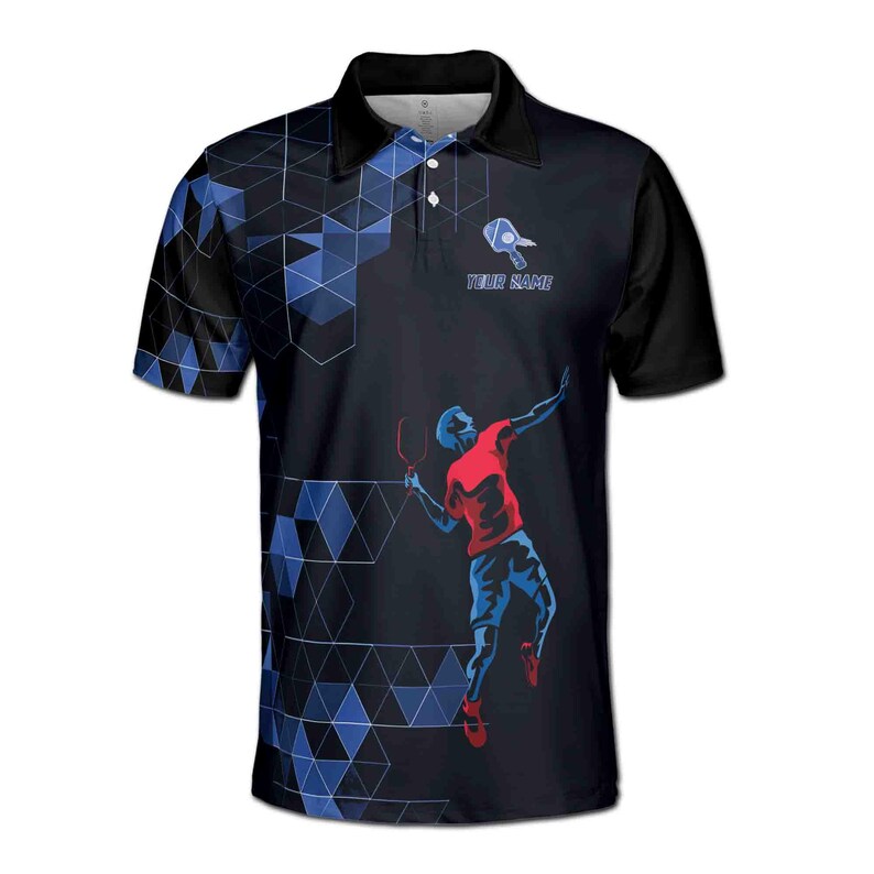 Customize Name Pickleball Paddle Player Geometric Black Blue 3D Men's Polo Shirt