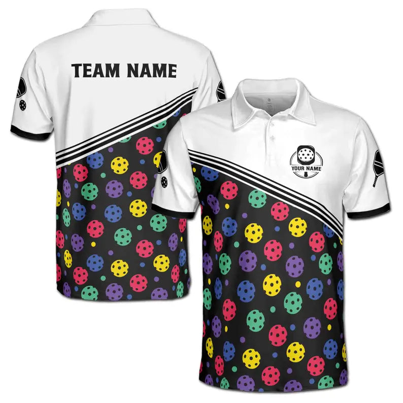 Customize Name Pickleball Paddle Colorful Balls White Black 3D Men's Polo Shirt