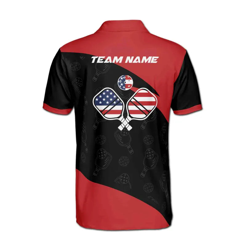 Customize Name Pickleball Paddle USA Flag Pattern Black Red 3D Men's Polo Shirt