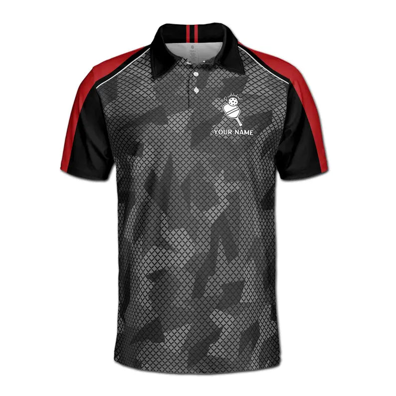Customize Name Pickleball Paddle Camo Olive Wreath Black Gray Red 3D Men's Polo Shirt