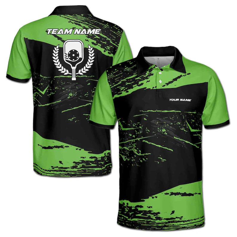 Customize Name Pickleball Paddle Olive Wreath Grunge Black Green 3D Men's Polo Shirt
