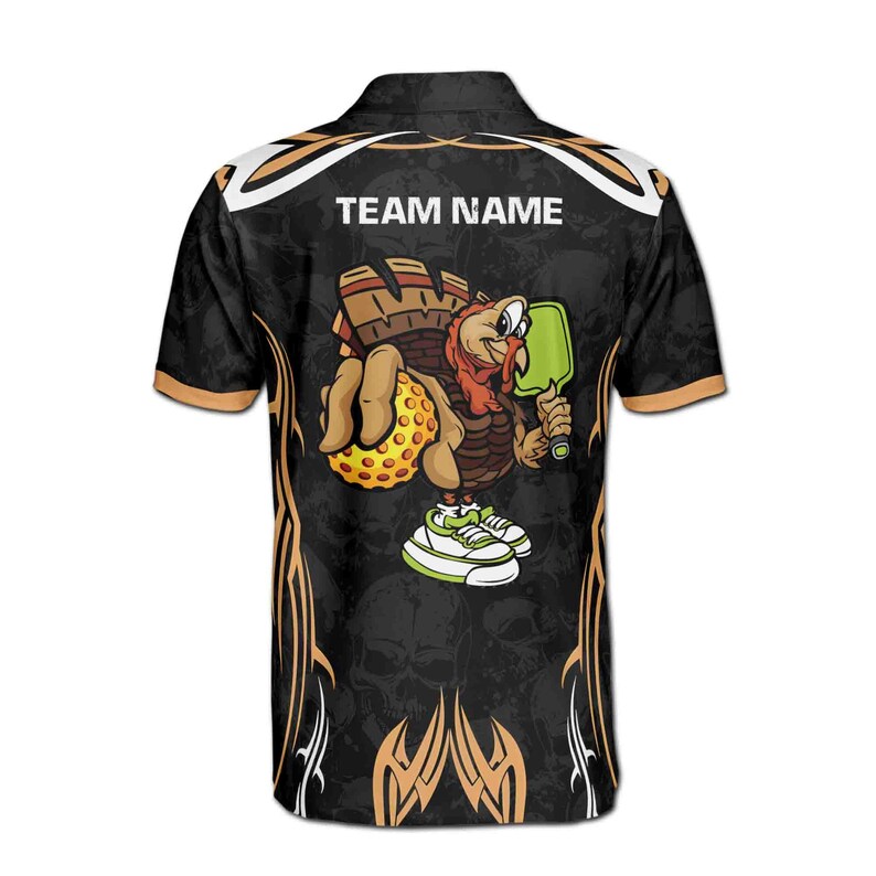 Customize Name Pickleball Turkey Player Skull Pattern Black 3D Men's Polo Shirt