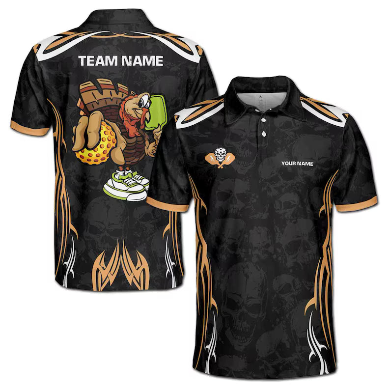 Customize Name Pickleball Turkey Player Skull Pattern Black 3D Men's Polo Shirt