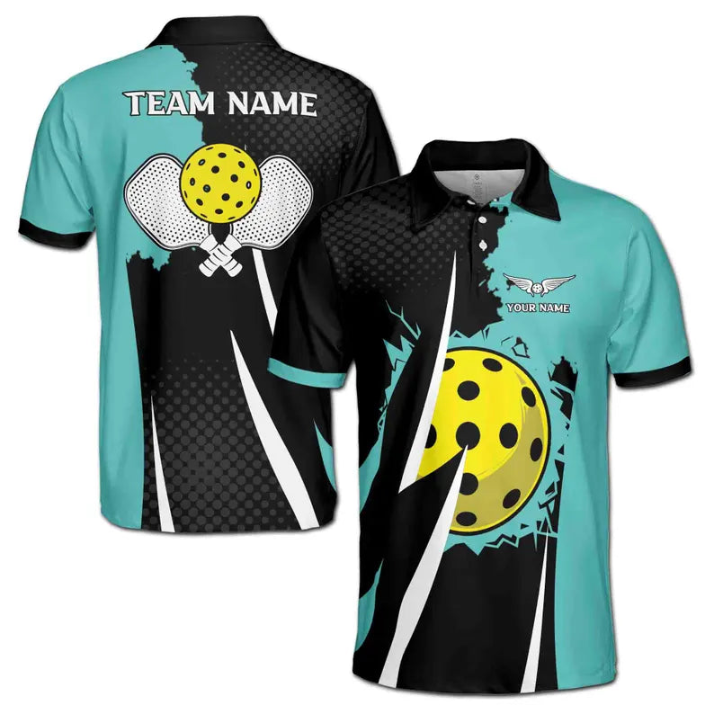 Customize Name Pickleball Paddle Wings Black Cyan 3D Men's Polo Shirt
