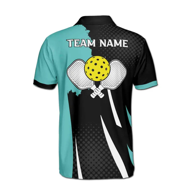 Customize Name Pickleball Paddle Wings Black Cyan 3D Men's Polo Shirt