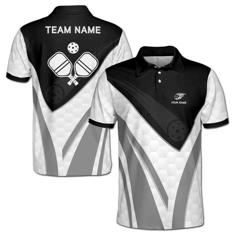 Customize Name Pickleball Paddle Flaming Black White 3D Men's Polo Shirt