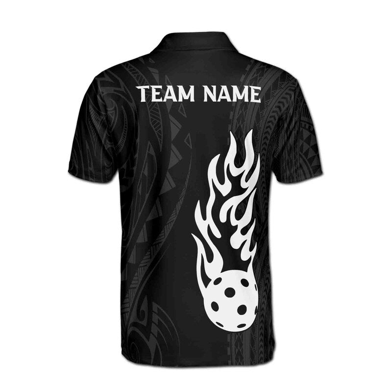Customize Name Pickleball Paddle Flaming Tribal Pattern Black White 3D Men's Polo Shirt