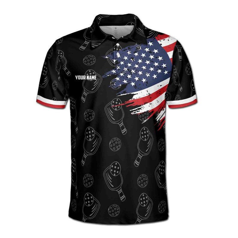Customize Name Pickleball Paddle Olive Wreath USA Flag Pattern Black 3D Men's Polo Shirt