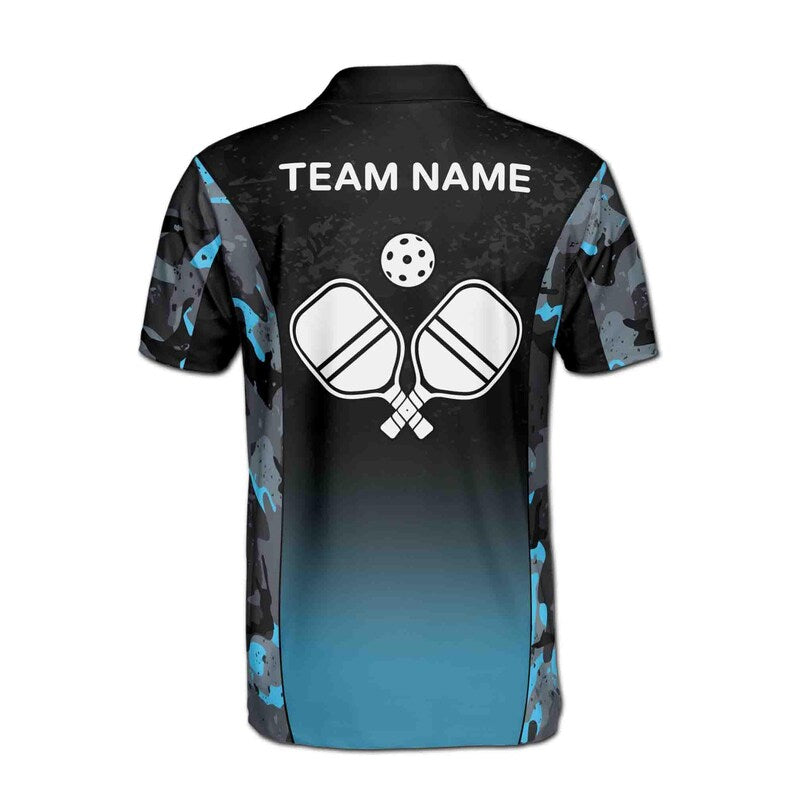 Customize Name Pickleball Paddle Camo Pattern Black Blue 3D Men's Polo Shirt