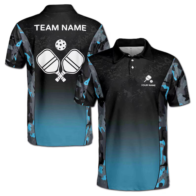 Customize Name Pickleball Paddle Camo Pattern Black Blue 3D Men's Polo Shirt