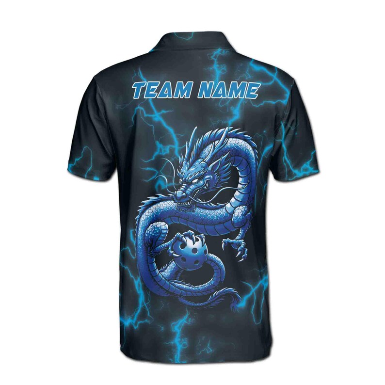 Customize Name Pickleball Lightning Eastern Dragon Black Blue 3D Men's Polo Shirt