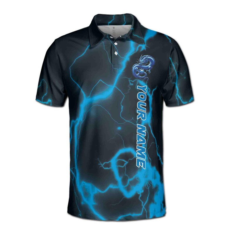 Customize Name Pickleball Lightning Eastern Dragon Black Blue 3D Men's Polo Shirt