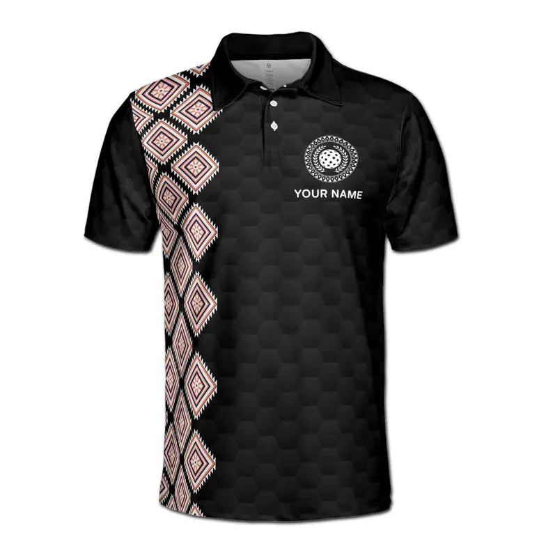 Customize Name Pickleball Olive Wreath Rug Pattern Black 3D Men's Polo Shirt