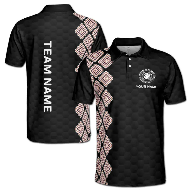 Customize Name Pickleball Olive Wreath Rug Pattern Black 3D Men's Polo Shirt