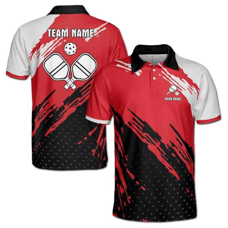 Name Pickleball Paddle Splash Red White Black 3D Polo Shirt Men