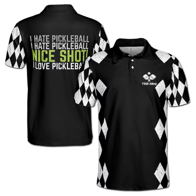 Customize Name Pickleball Paddle Love Hate Nice Shot Black White 3D Men's Polo Shirt