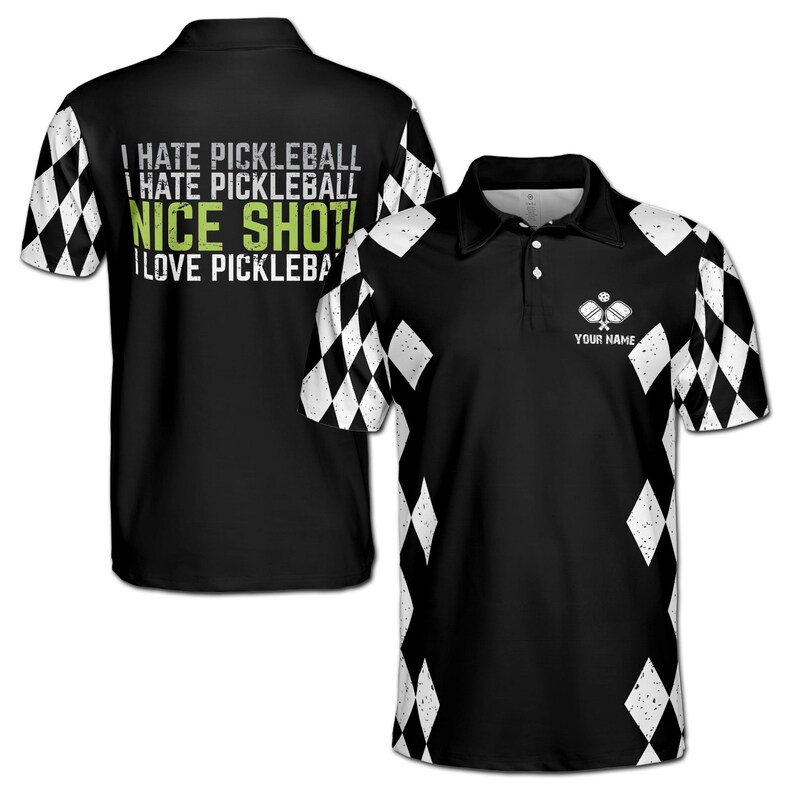 Customize Name Pickleball Paddle Love Hate Nice Shot Black and White 3D Polo Shirt Men