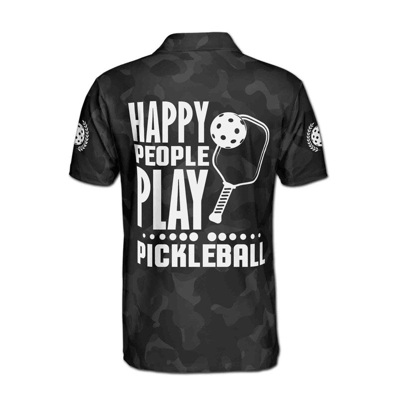 Customize Name Pickleball Paddle Happy People Play Skull USA Flag Black 3D Men's Polo Shirt