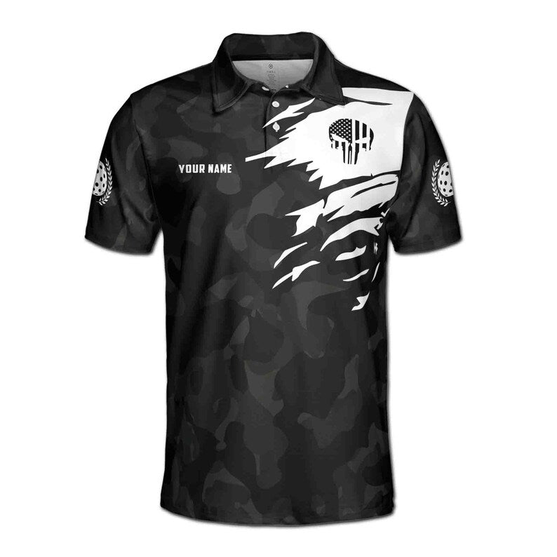 Customize Name Pickleball Paddle Happy People Play Skull USA Flag Black 3D Men's Polo Shirt