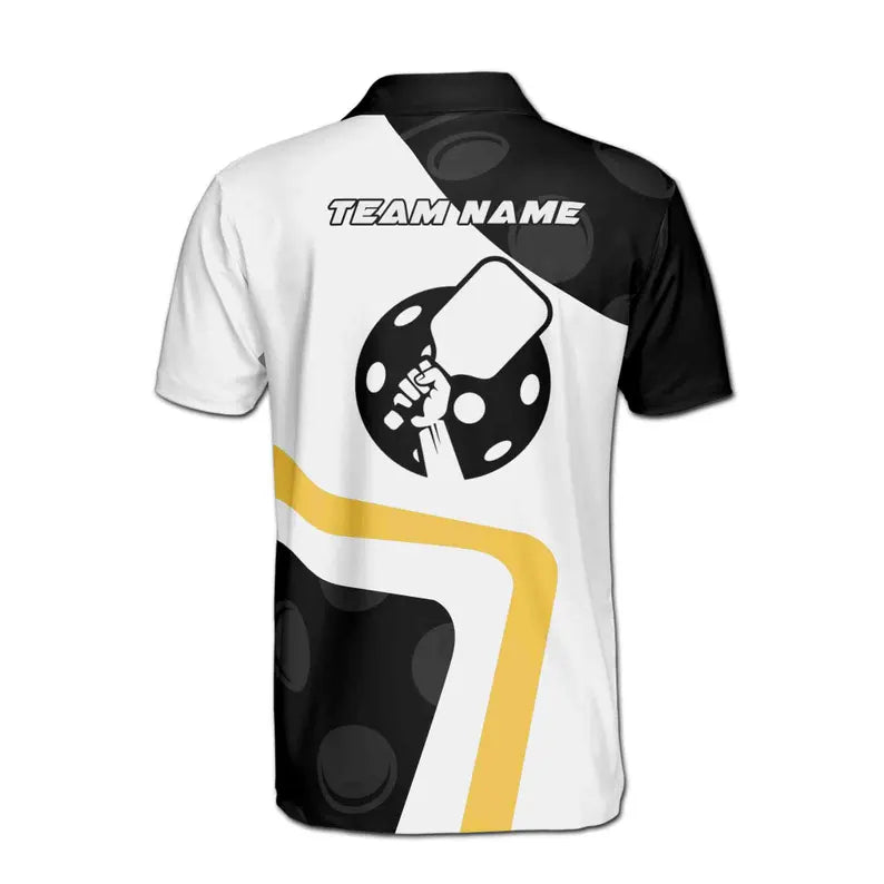 Customize Name Pickleball Paddle Holding Hand Black White Yellow 3D Men's Polo Shirt