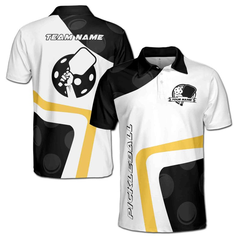 Customize Name Pickleball Paddle Hand Holding Black White Yellow 3D Polo Shirt Men