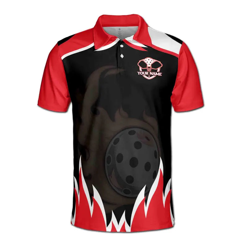 Customize Name Pickleball Paddle Flaming Balls Red Black White 3D Men's Polo Shirt