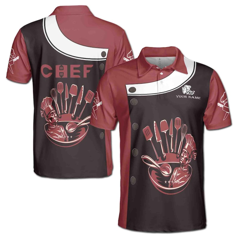 Name Chef Kitchen Tools Customize Fake Buttons Red Black 3D Men's Polo Shirt