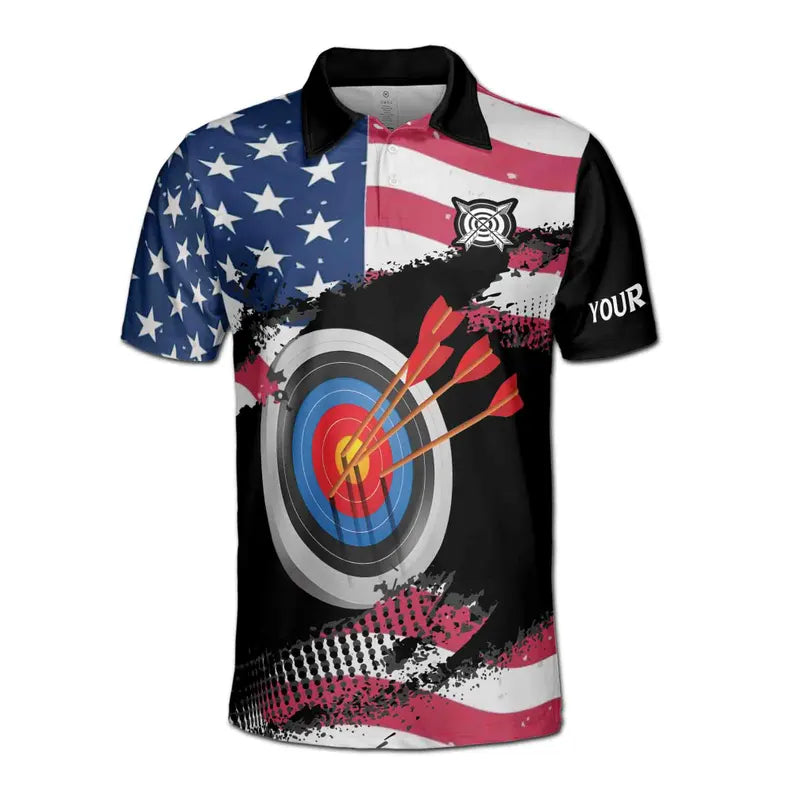 Customize Name Archery Arrow Board USA Flag Black 3D Men's Polo Shirt