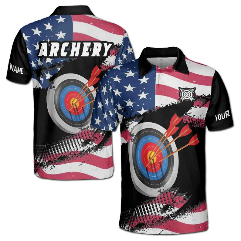 Customize Name Archery Arrow Board USA Flag Black 3D Men's Polo Shirt
