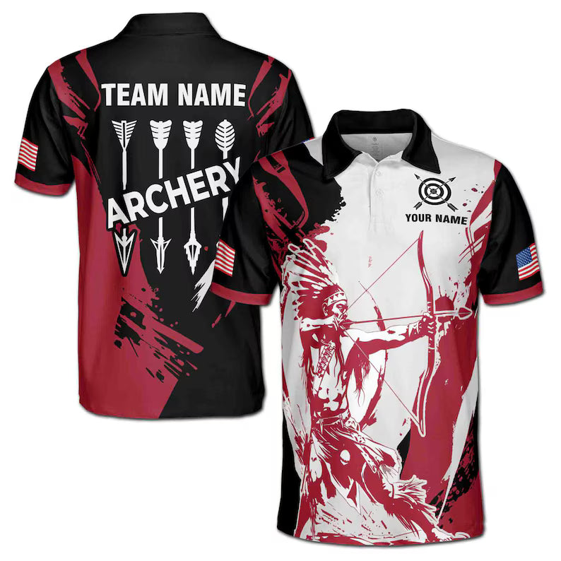 Customize Name Archery Native Archer USA Flag Black Red White 3D Men's Polo Shirt