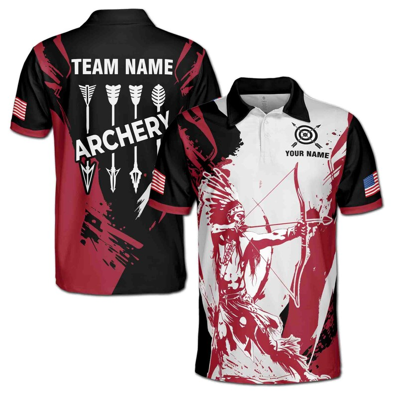Customize Name Archery Native Archer USA Flag Black Red White 3D Polo Shirt Men