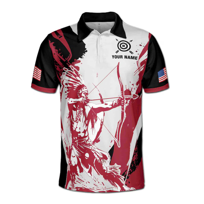Customize Name Archery Native Archer USA Flag Black Red White 3D Men's Polo Shirt