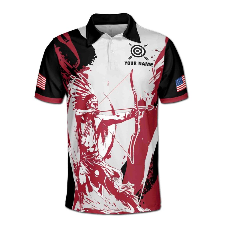 Customize Name Archery Native Archer USA Flag Black Red White 3D Polo Shirt Men