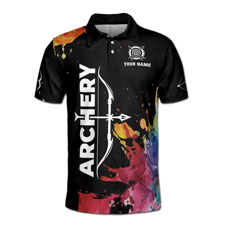 Customize Name Archery Bow Arrow Board Colorful Splashes Black 3D Men's Polo Shirt