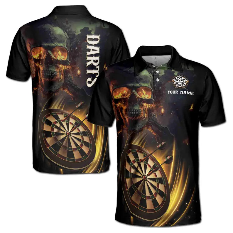 Customize Name Darts Board Flaming Skull Spark Black 3D Men's Polo Shirt