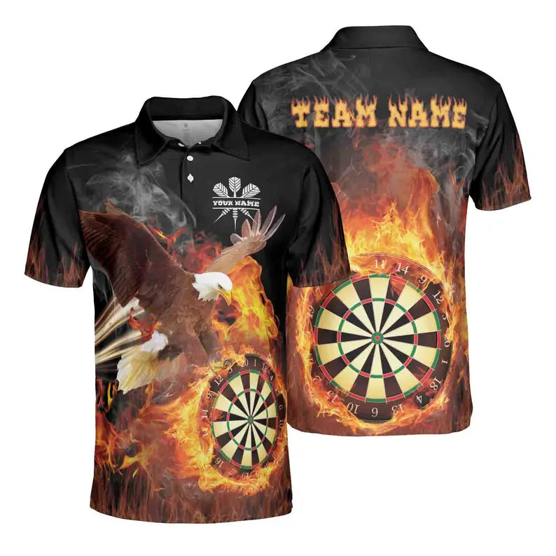 Customize Name Darts Board Flaming Eagle Black 3D Men's Polo Shirt
