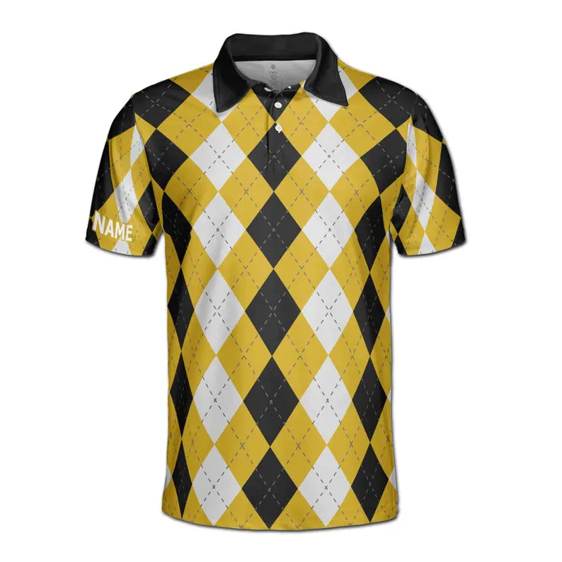 Customize Name Argyle Pattern Yellow Black White 3D Men's Polo Shirt