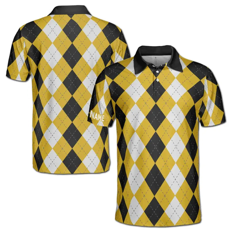 Customize Name Argyle Pattern Yellow Black White 3D Men's Polo Shirt